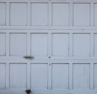 An old, weathered garage door with a pattern of rectangular panels. The panels have a white, slightly peeling paint finish. There are small metallic handles and fixtures visible on the surface.